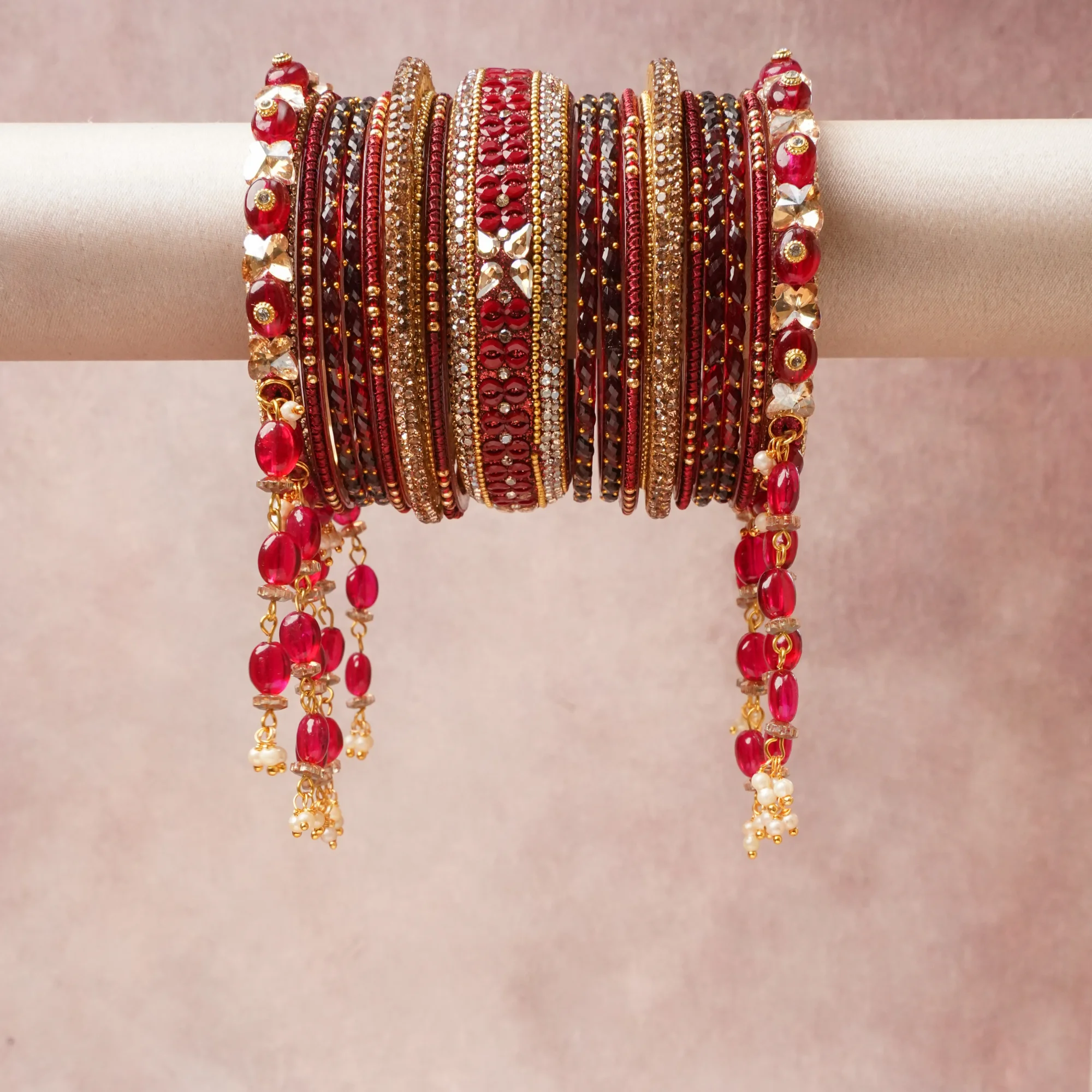 A majestic Deep Red set, complemented by Gold, Clear, Amber, White featuring Gold-toned Metal, Glass, Crystals, Pearls, Enamel.
Rich, ceremonial, and designed to be passed through generations.